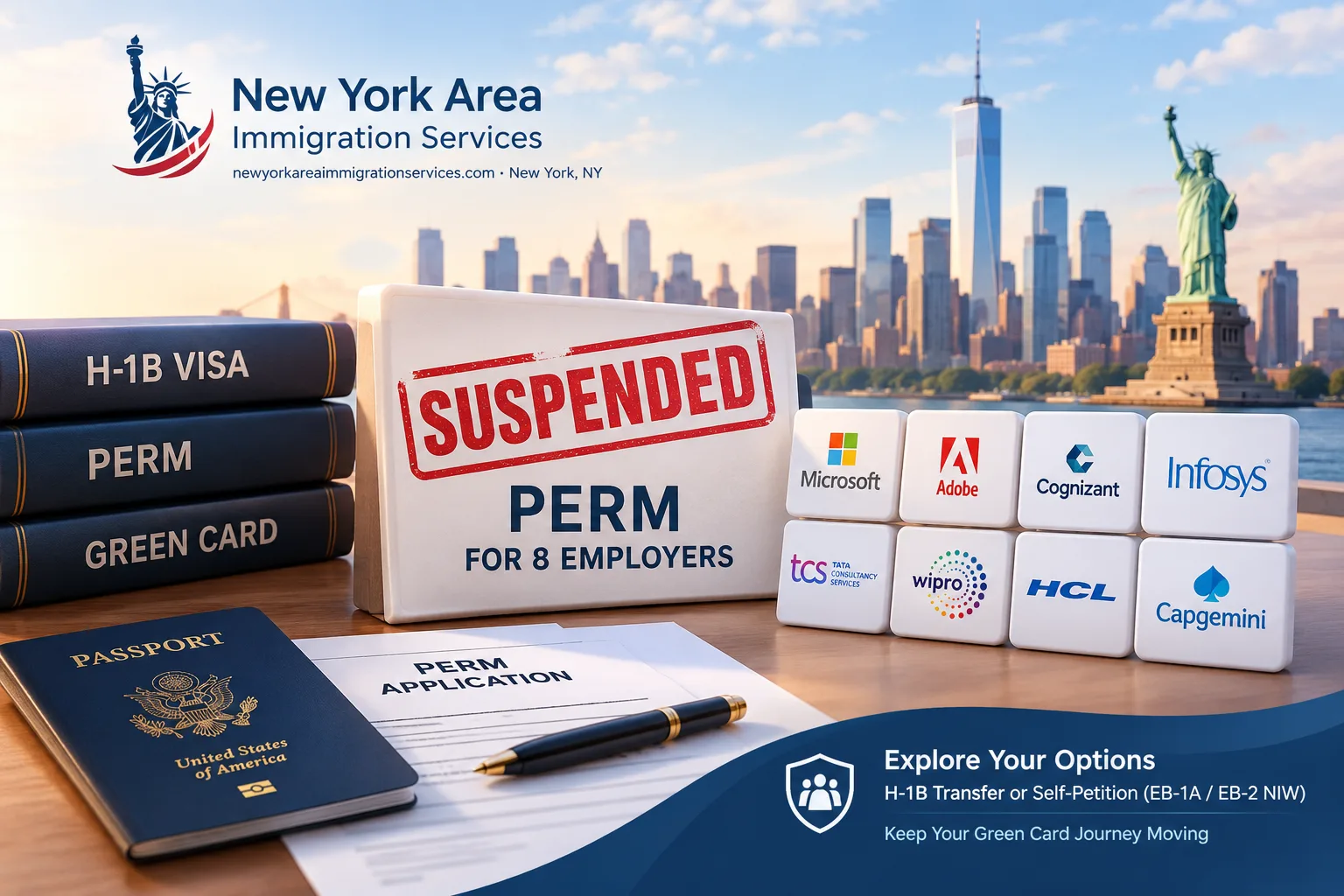 PERM suspension for eight employers, with alternative green card options including H-1B transfer, EB-1A, and EB-2 NIW, featuring the New York City skyline.